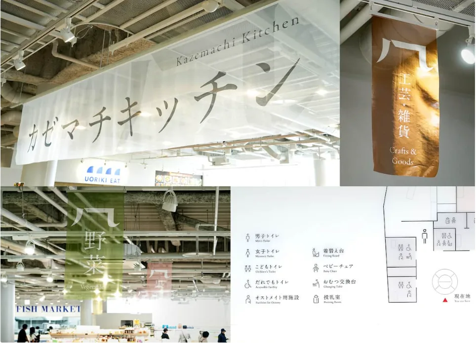 道の駅かみみねの案内サイン（カゼマチキッチン・工芸雑貨・野菜・館内案内）にカゼマチ明朝を使用